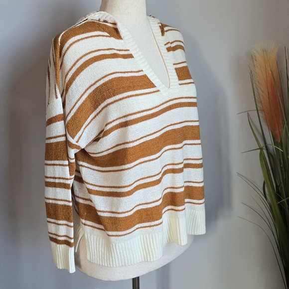LOFT, New, Tan White Striped Hooded Lightweight Essential Sweater, Size Large - Picture 6 of 13